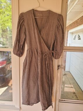 Gingham Midi Wrap Dress with Tie Waist - Brown